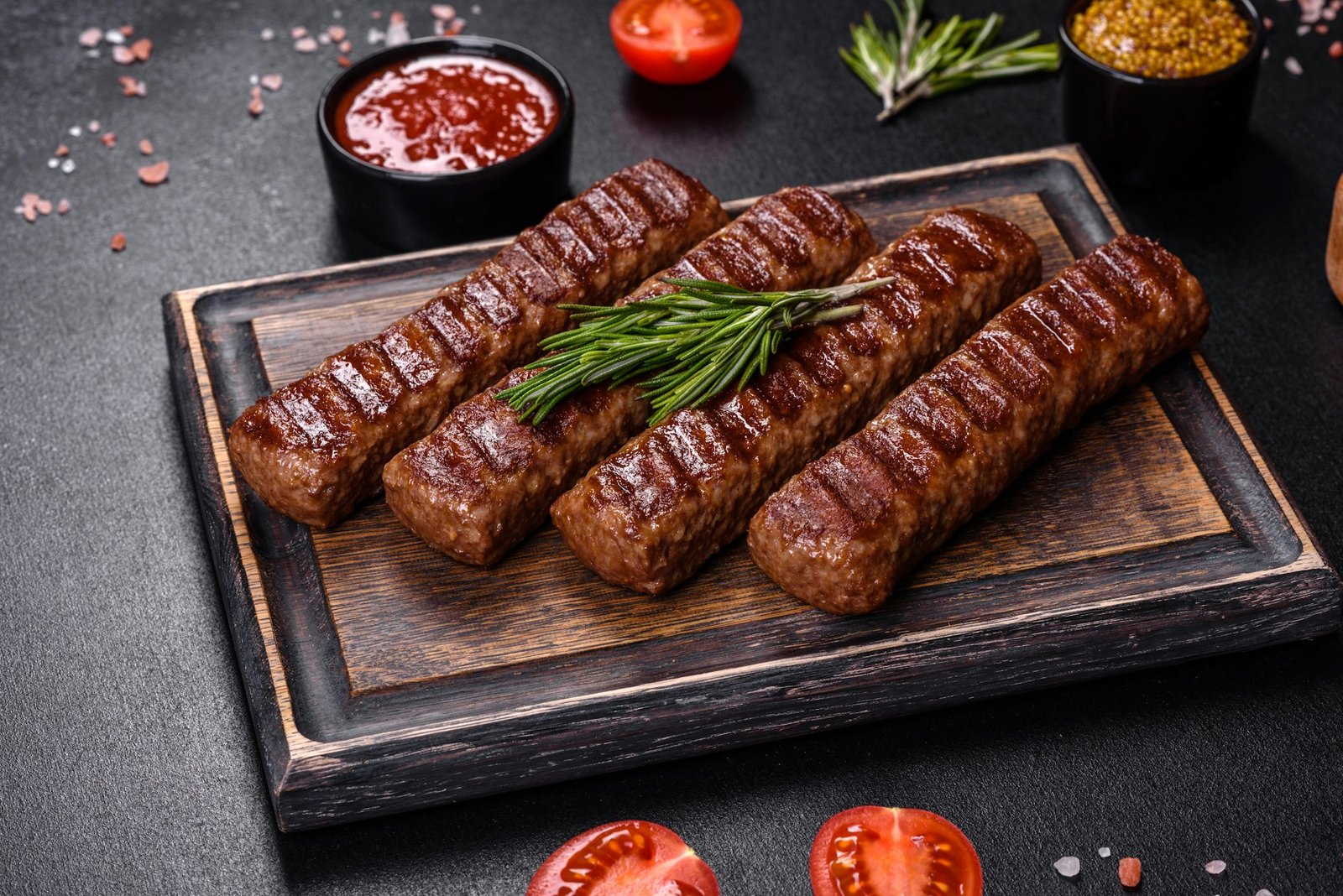 Grilled kebab with spices and herbs on a dark concrete background